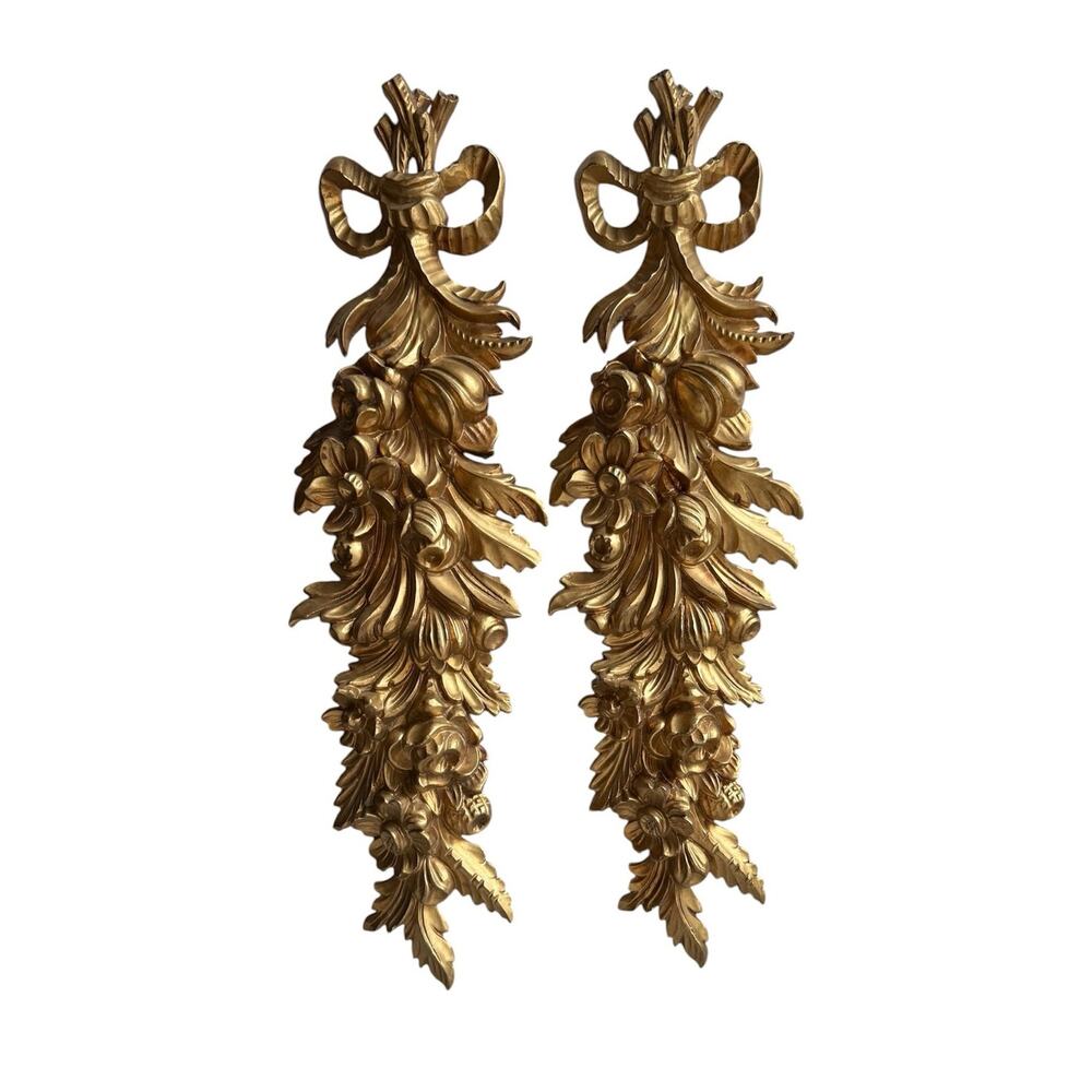 Vintage Italian Florentine Gilt Wood Wall Plaques 23.5” Hollywood Regency Swag